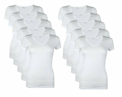 10-PACK BEEREN DAMES T-SHIRT MET V-HALS EN KORTE MOUW M3000 WIT