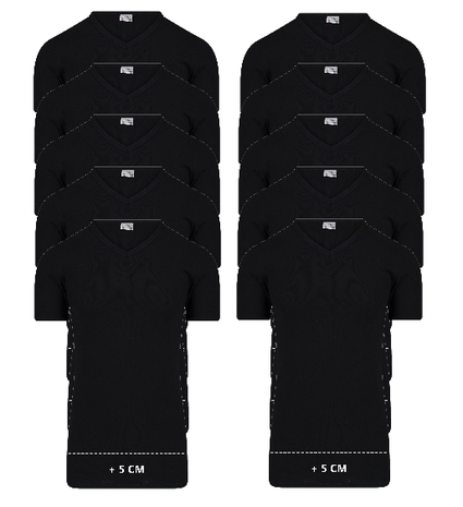 10-Pack Extra lange heren T-shirts V-Hals M3000 Zwart