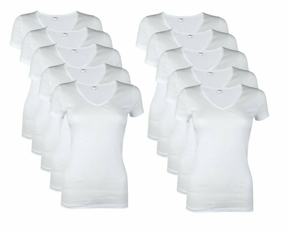 10-PACK BEEREN DAMES T-SHIRT MET V-HALS EN KORTE MOUW M3000 WIT